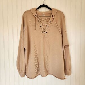 AERIE Tan Lace Up Boho Oversized Hoodie Sweater XS